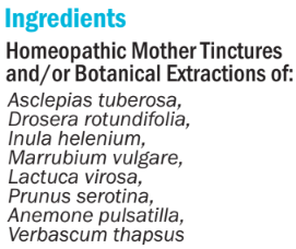 Supplement facts for hbX (Expectorant & Cough) 50ml listing ingredients including Asclepias Tuberosa, Asclepias Tuberosa D10, Asclepias Tuberosa D4, Drosera Rotundifolia, Elecampane (Inula Helenium)