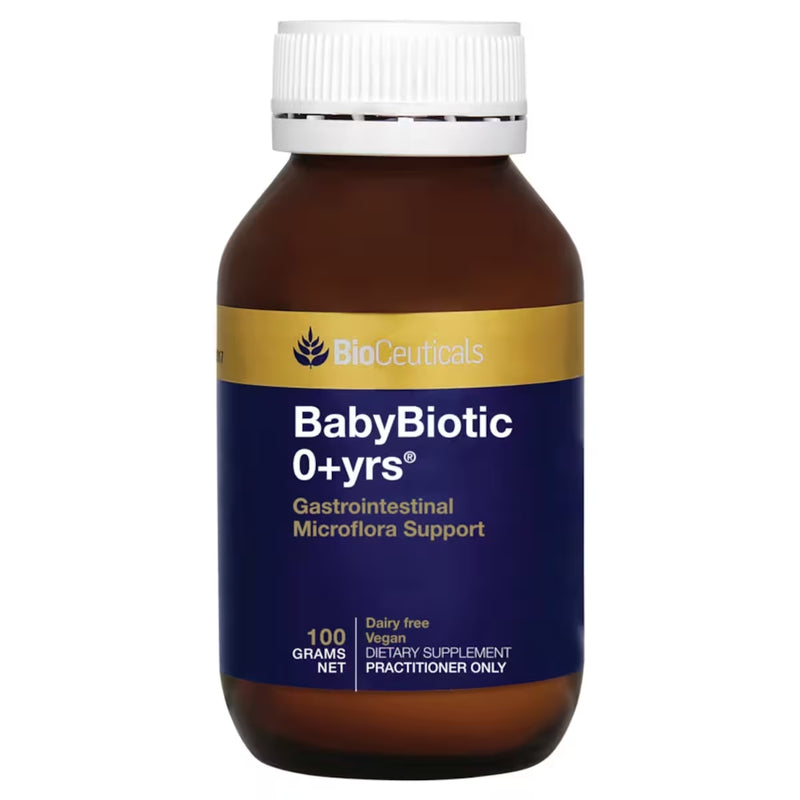 A supplement bottle with the name BabyBiotic 0+yrs by Bioceuticals.