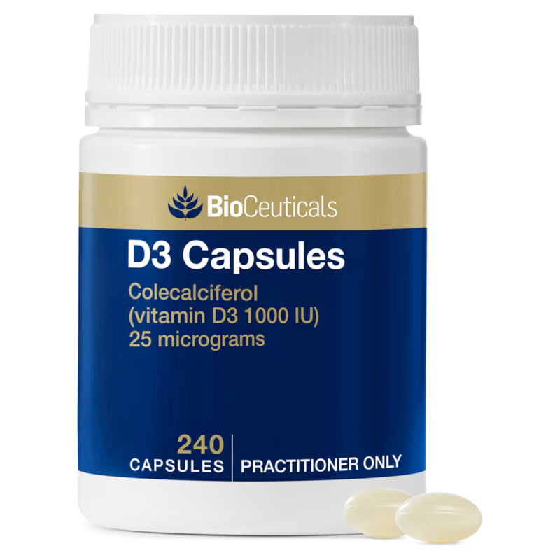 Vitamin D3 capsules 240 quantity, Bioceuticals logo with a gold band and blue body of label, colecalciferol (vitamin d3 1000IU) 25 micrograms, White bottle.