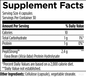 Supplement facts for Performance Peptides™ listing ingredients including Fava Bean Protein Hydrolysate