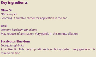 Supplement facts for Baby Ear 25ml listing ingredients including Olive oil