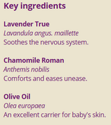 Supplement facts for Baby Teething 25ml listing ingredients including Angustifolia, Chamomile, Matricaria Recutita, Olea europaea, Olive extract