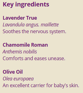 Supplement facts for Baby Teething 25ml listing ingredients including Angustifolia, Chamomile, Matricaria Recutita, Olea europaea, Olive extract