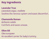 Supplement facts for Baby Tummy 25ml listing ingredients including Angustifolia, Chamomile, Matricaria Recutita, Olea europaea, Olive extract