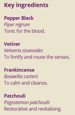 Supplement facts for Base Chakra 10ml listing ingredients including Black Pepper (Piper nigrum), Black pepper, Boswellia Serrata, Indian Frankincense Extract, Vetiver grass (Chrysopogon zizanioides