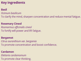 Supplement facts for Brain Power 10ml listing ingredients including Bergamot, Black Cardamom, Holy Basil, Ocimum sanctum, Ocimum tenuiflorum