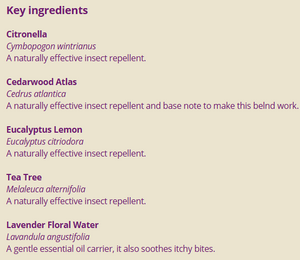 Supplement facts for Bug Repellent Spray 100ml listing ingredients including Angustifolia, Lemon Extract, Tea tree oil (Melaleuca alternifolia)