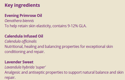 Supplement facts for Calm Skin 50ml listing ingredients including Evening primrose oil, GLA, Gamma Linolenic Acid, Gamma-linolenic acid, Lavender Extract