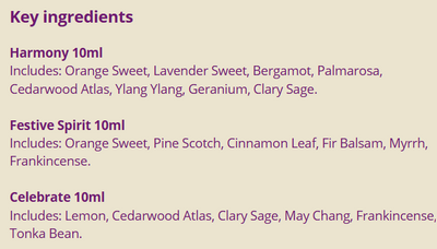 Supplement facts for Celebration Blends listing ingredients including Bergamot, Cinnamon, Indian Frankincense Extract, Lavender Extract, Lemon Extract