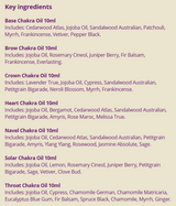 Supplement facts for Chakra Set listing ingredients including Bergamot, Chamomile, Clove bud, Ginger, Indian Frankincense Extract