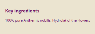 Supplement facts for Chamomile Roman Water 100ml listing ingredients including Chamomile, Matricaria Recutita