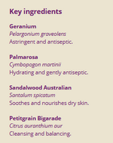 Supplement facts for Clear Skin 10ml listing ingredients including Bergamot, Citrus aurantium, Sandalwood (Santalum album)