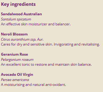 Supplement facts for Face Serum 25ml listing ingredients including Bergamot, Citrus aurantium, Sandalwood (Santalum album)