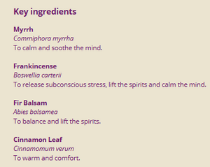 Supplement facts for Festive Spirit 10ml listing ingredients including Boswellia Serrata, Cinnamomum verum, Cinnamon, Commiphora myrrha, Indian Frankincense Extract