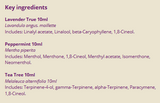Supplement facts for First Aid Essentials listing ingredients including Angustifolia, Lavender Extract, Lavender oil, Linalool, Peppermint (Mentha × piperita)