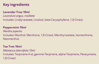 Supplement facts for First Aid Essentials listing ingredients including Angustifolia, Lavender Extract, Lavender oil, Linalool, Peppermint (Mentha × piperita)
