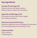 Supplement facts for Hair Restorer 50ml listing ingredients including Argan oil, Atlas Cedarwood, Cedarwood Oil, Geranium Oil, Jojoba Oil