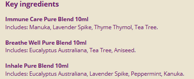 Supplement facts for Immunity Essentials listing ingredients including Lavender Extract, Peppermint (Mentha × piperita), Tea tree oil (Melaleuca alternifolia)