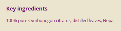 Supplement facts for Lemongrass 10ml