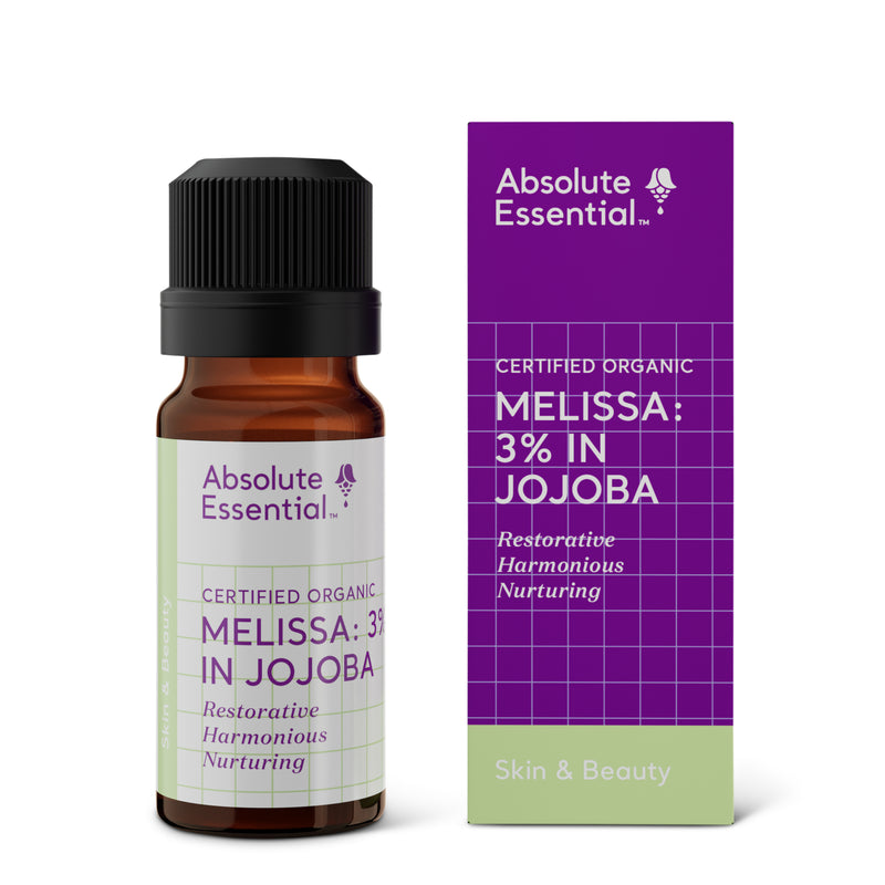 A supplement container of Melissa: 3% in Jojoba 10ml by Absolute Essential