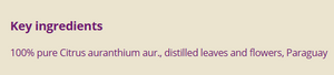 Supplement facts for Petitgrain Bigarade 10ml listing ingredients including Petitgrain Oil