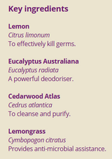 Supplement facts for Purify: Air Cleanser	10ml listing ingredients including Atlas Cedarwood, Cedarwood Oil, Eucalyptus Oil, Lemon Extract, Lemon oil