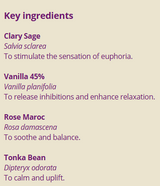 Supplement facts for Romance 10ml listing ingredients including Moroccan Rose oil, Sage (Salvia officinalis), Tonka bean, Vanilla bean extract