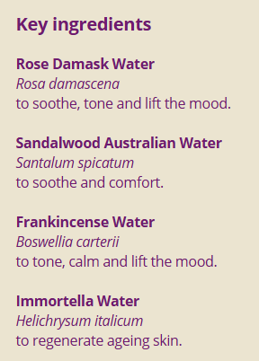 Supplement facts for Rose & Frankincense: Facial Toner 100ml listing ingredients including Boswellia Serrata, Sandalwood (Santalum album)