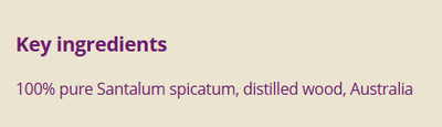 Supplement facts for Sandalwood Australian 5ml listing ingredients including Sandalwood (Santalum album)