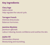 Supplement facts for Start Birth	25ml listing ingredients including Artemisia, Jasmine Absolute, Jasmine Oil, Jojoba Oil, Sage (Salvia officinalis)