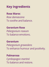 Supplement facts for Sweet Rose 10ml listing ingredients including Geranium Oil, Moroccan Rose oil, Palmarosa (Cymbopogon Martinii), Palmarosa Oil, Pelargonium Root