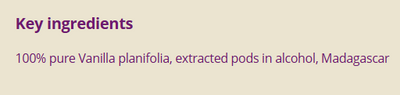 Supplement facts for Vanilla 45% 5ml listing ingredients including Vanilla bean extract