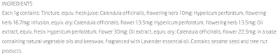 Supplement facts for Hypercal Healing Cream 36ml listing ingredients including Angustifolia, Beeswax, Calendula Extract, Hypericum, Lavender Oil