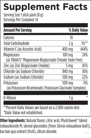 Supplement facts for ElectroPure Hydration™ (Clementine) listing ingredients including Ascorbic Acid, Chromic Chloride Hexahydrate, Chromic chloride hexahydrate, D-ribose, Glucosamine Sulfate Potassium Chloride