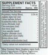 Supplement facts for A-P 30ml listing ingredients including Aloe Ferox, Azadirachta indica, Citrus Aurantium, Ginger (Zingiber officinale), Juglans nigra
