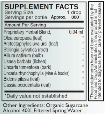 Supplement facts for A-MYCO listing ingredients including Allium sativum, Arctostaphylos, Cat's claw (Uncaria tomentosa), Olea europaea, Uva ursi (Arctostaphylos uva-ursi)