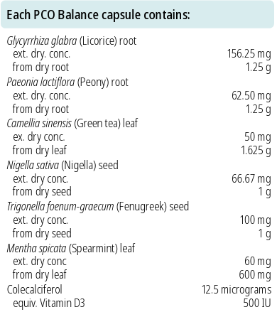 Supplement facts for PCO Balance listing ingredients including Camellia sinensis, Camellia sinensis Green Tea, Chinese Peony, Cholecalciferol, Fenugreek