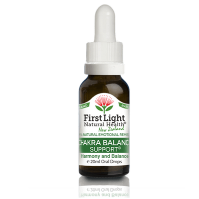 A supplement container of Chakra Balance Support© (Harmony and Balance) 20ml by First Light Natural Health