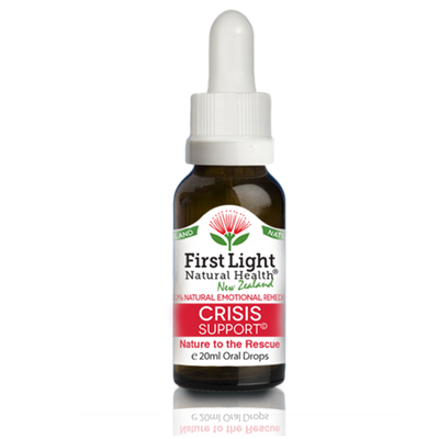 A supplement container of Crisis Support (Nature to the Rescue) 20ml by First Light Natural Health