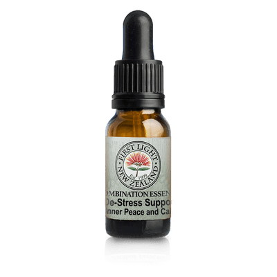 A supplement container of De-Stress Support© (Inner Peace and Calm) 10ml by First Light Flower Essences