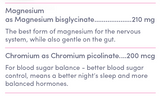 Supplement facts for A Juicy Dose of Magnesium listing ingredients including Chromium Picolinate, Magnesium bisglycinate