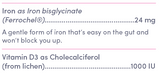 Supplement facts for A Juicy Dose of Iron listing ingredients including Cholecalciferol, Iron Bisglycinate Chelate, Iron bisglycinate, Vitamin D3, Vitamin D3 (cholecalciferol)