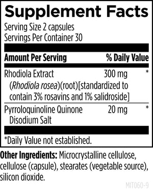 Supplement facts for Mito-PQQ™ listing ingredients including PQQ (pyrroloquinoline quinone, Rhodiola (Rhodiola rosea), Rhodiola root (Rhodiola rosea)