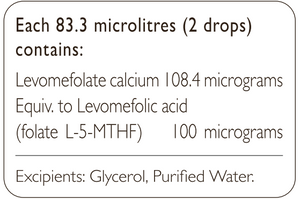 Supplement facts for MTHFR (TheraPure) Methyl Folate 100 listing ingredients including Folate, L-5-MTHFR, L-5-Methyltetrahydrofolic acid, L-5-methyltetrahydrofolate, Methyltetrahydrofolate