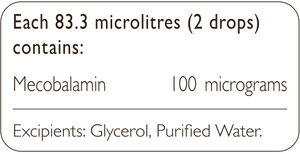 Supplement facts for MTHFR (TheraPure) Methyl B12 100 Drops listing ingredients including Methylcobalamin, Vitamin B12 Activated