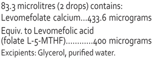Supplement facts for MTHFR (RN Labs) Folate 400 Drops listing ingredients including Folate, L-5-MTHFR, L-5-Methyltetrahydrofolic acid, L-5-methyltetrahydrofolate, L-5-methyltetrahydrofolic acid