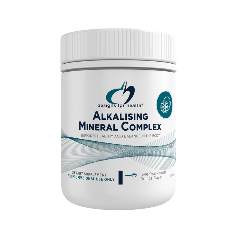 A supplement container of Alkalising Mineral Complex 154g by Designs for Health
