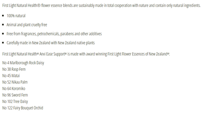 Supplement facts for Anxi Ease Support (Calm Confident Capable) 20ml listing ingredients including Koromiko, Marlborough Rock Daisy, Shaking Brake Fern