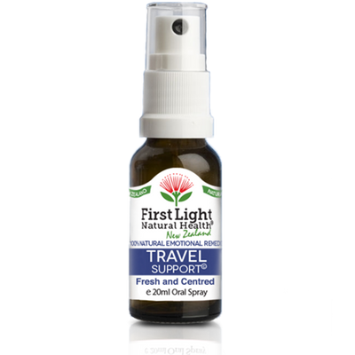 A supplement container of Travel Support (Fresh and Centred) 20ml by First Light Natural Health