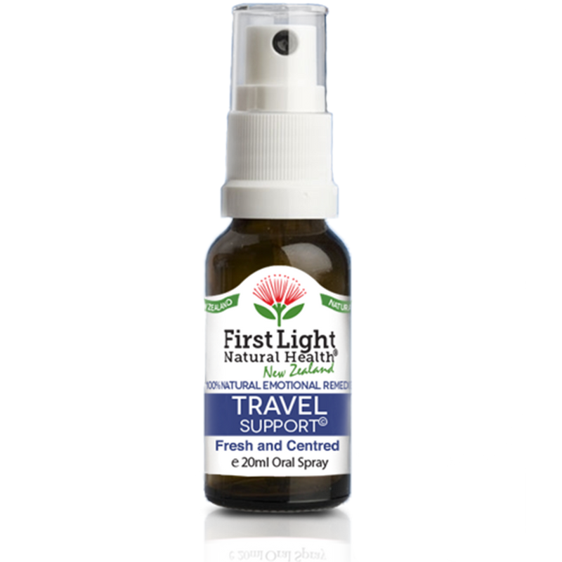 A supplement container of Travel Support (Fresh and Centred) 20ml by First Light Natural Health